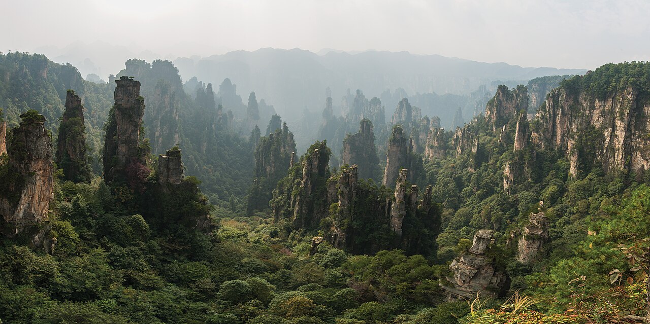 The sandstone pillars of Zhangjiajie rising through mist